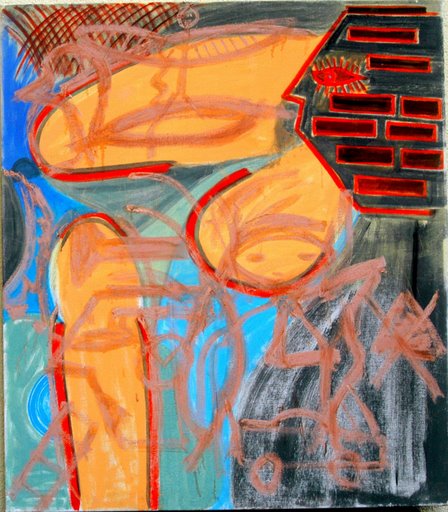 Luxus Kunst kaufen abstrakte Malerei 140 x 160 cm orange rot blau schwarz - Bild BRICK Maler LEO